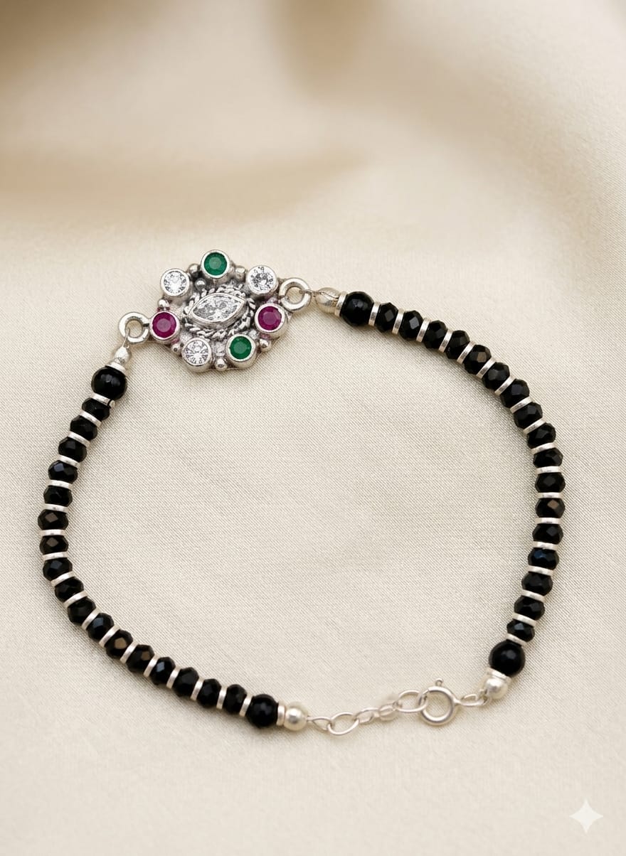 925 Silver Bracelet Black Beaded